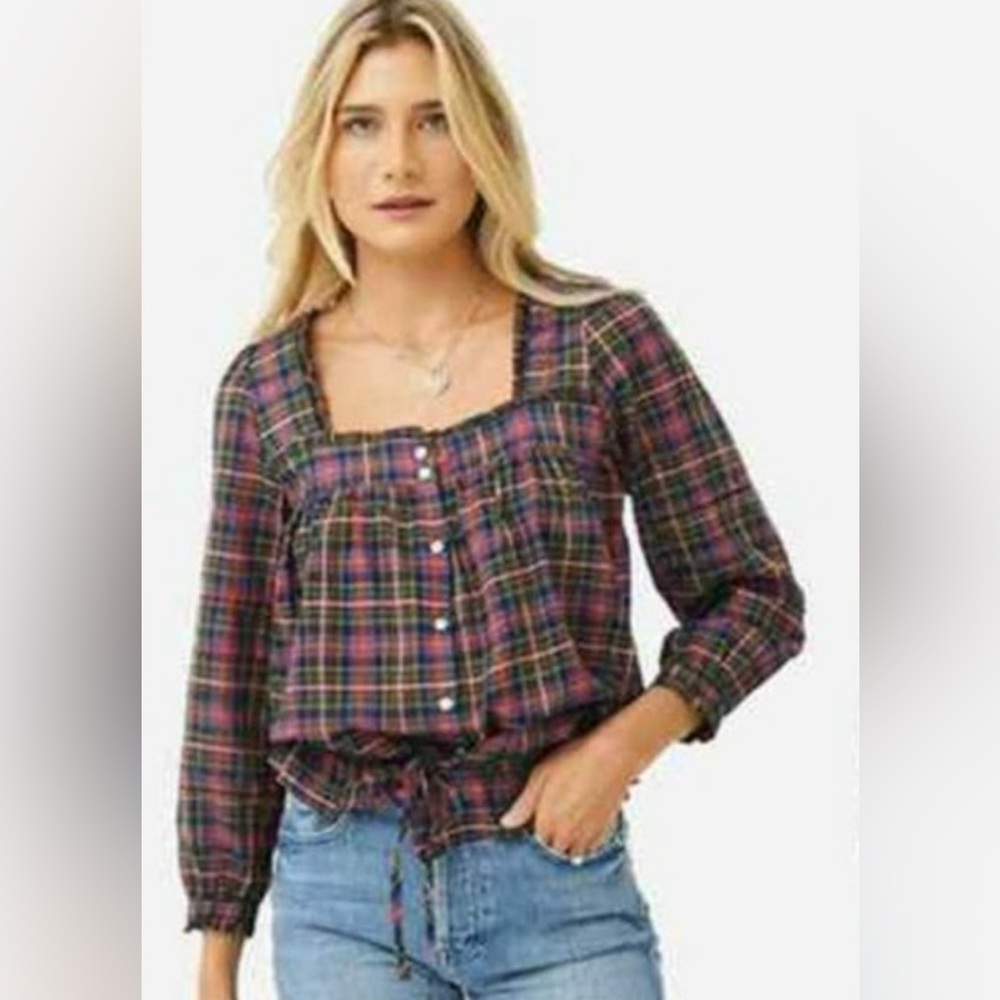 Birds of Paradis Trovata Eunice Square Neckline Ruffle Blouse Trail Plaid M
